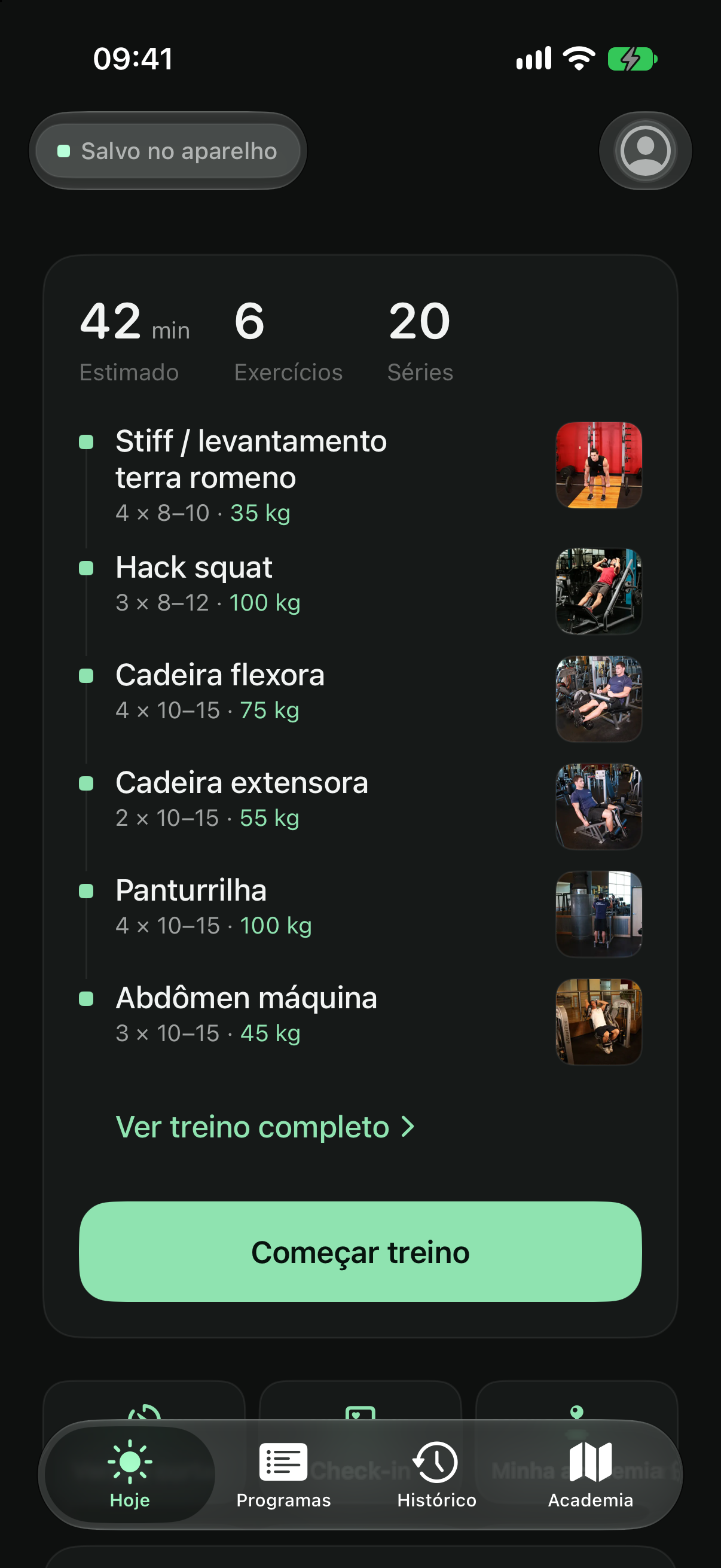 Tela Hoje com o próximo treino
